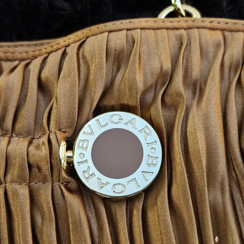 BVLGARI Handbag Metallic Brown Pleated Satin Clutch Gold Tone Hardware Purse - Picture 11 of 12